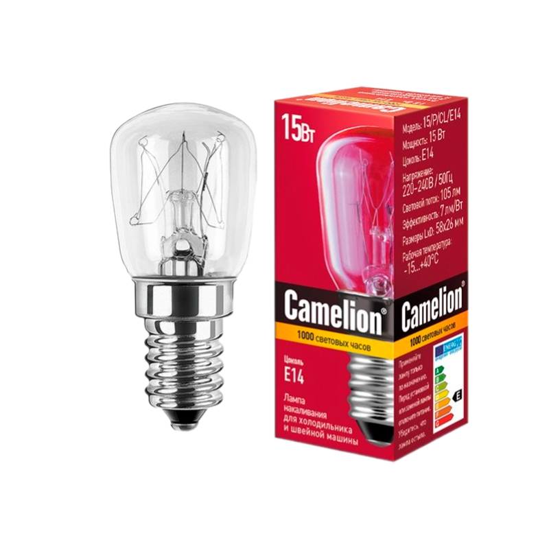 Лампа накаливания Camelion Е14 15W 220-240V цилиндр для холодильников и швейных машин прозрачная (1/