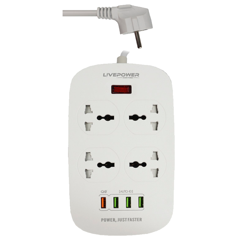 Сетевой фильтр Live Power LP4407Q 4р.С/З 10A 4USB с выкл. 2.0м универсальный белый (1/50)