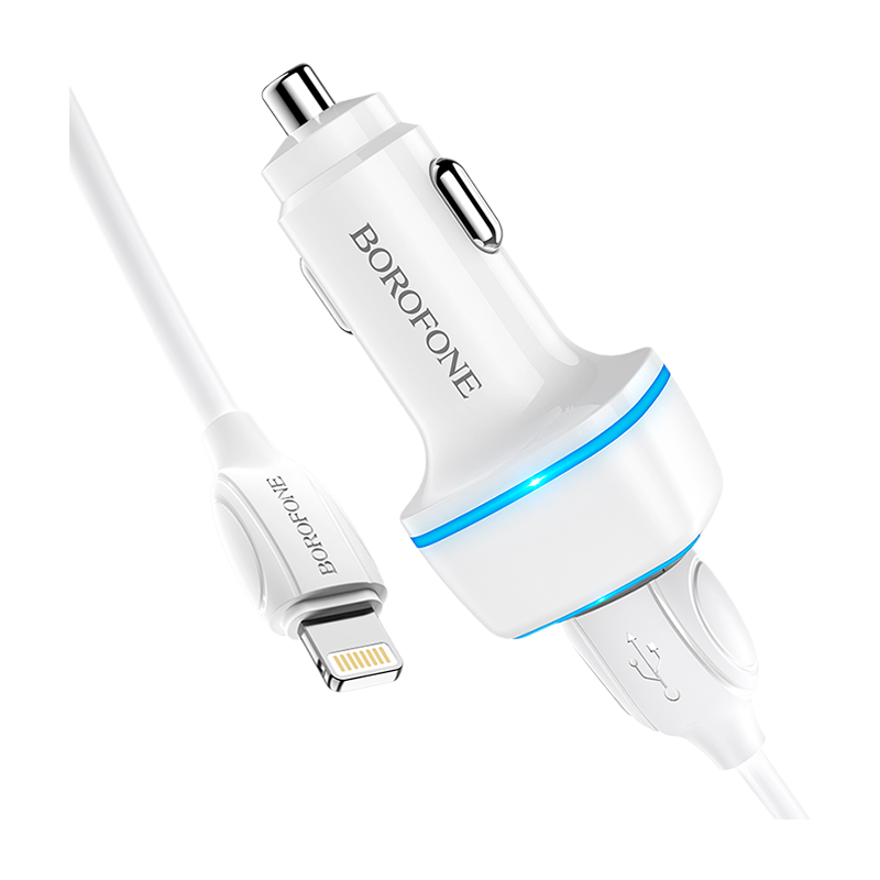 Автомобильное З/У Borofone BZ14 2USB 2.4A с кабелем Lightning белый (1/44/176)