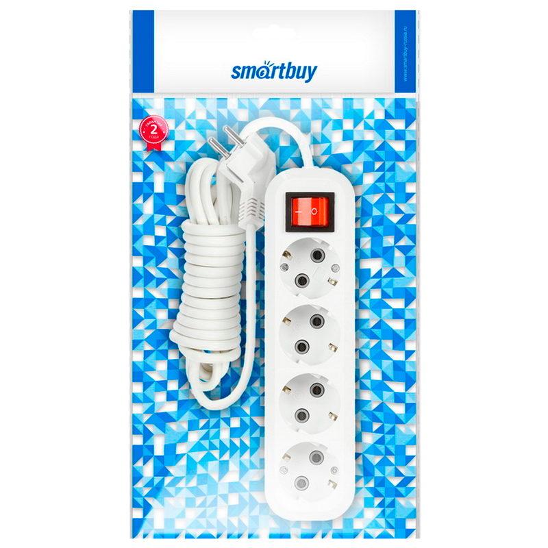 Удлинитель Smartbuy 4р.С/З 16A 5.0м с выкл. ПВС 3x1мм² белый (1/40)