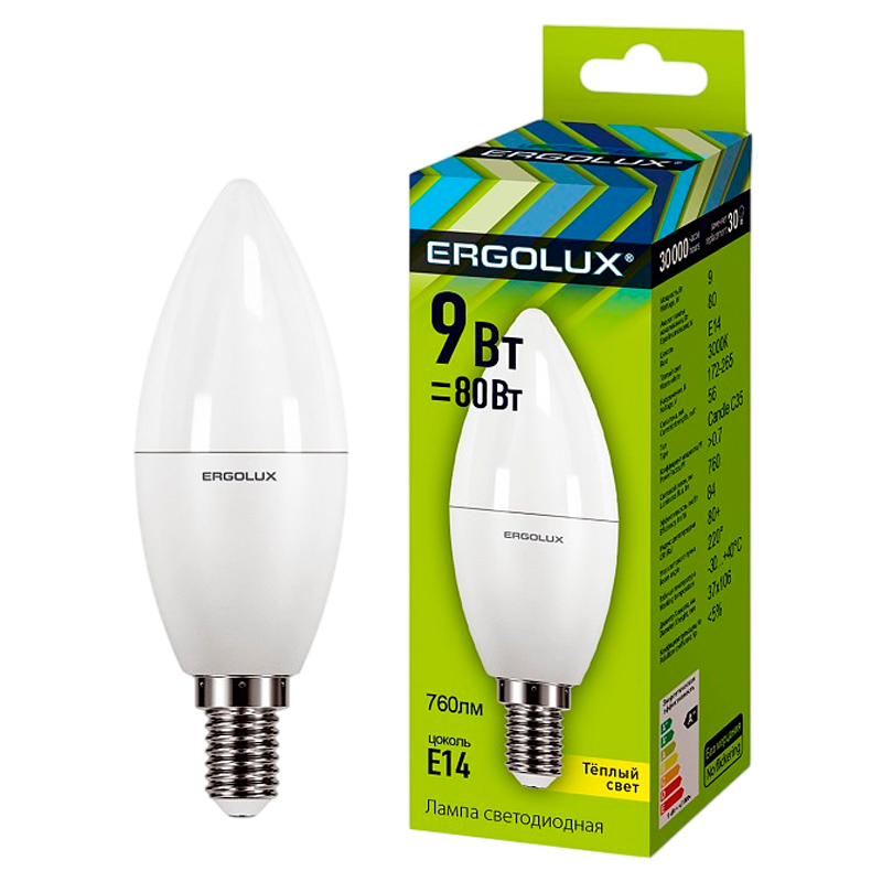 Лампа светодиодная Ergolux C35 E14 9W 3000К 172-265V свеча