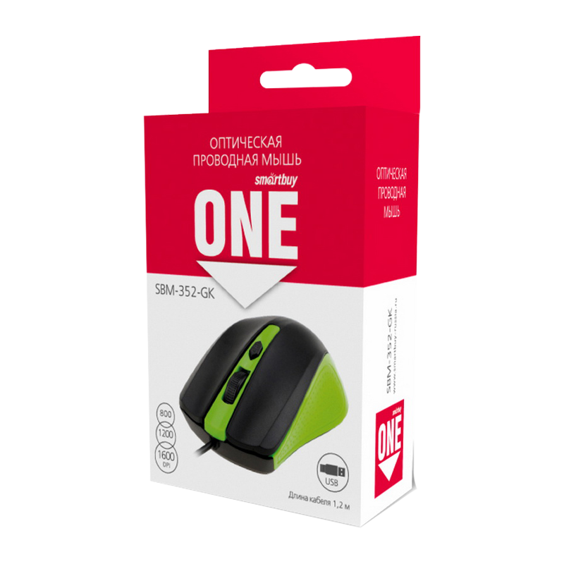 Мышь проводная Smartbuy 352 ONE классическая USB черный зеленый (1/100)