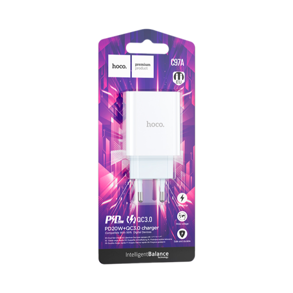 Сетевое З/У HOCO C97A 1USB/Type-C 20W QC3.0 белый (1/30/180)