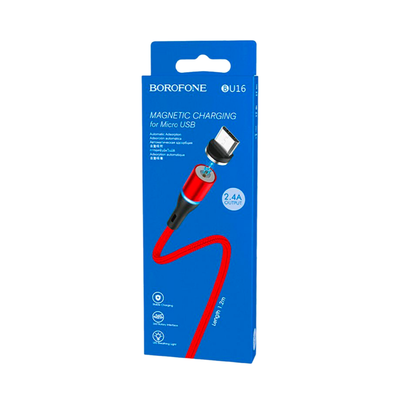 Кабель Borofone BU16 USB (m)-Type-C (m) 1.0м 3.0A ткань магнит красный (1/63/252)