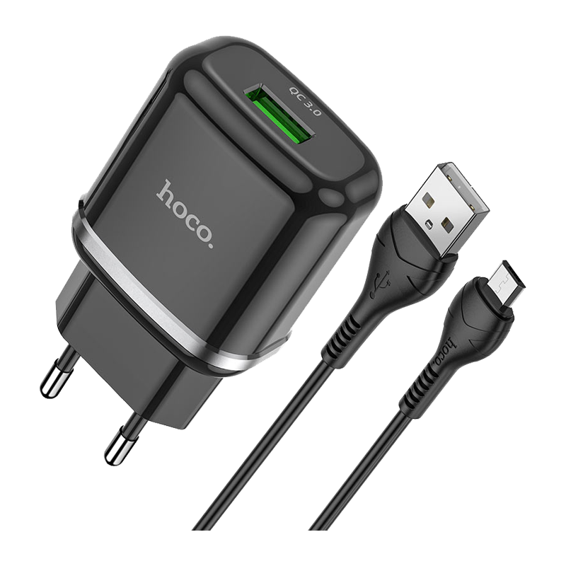 Сетевое З/У HOCO N3 1USB 3.0A 18W QC3.0 с кабелем microUSB черный (1/12/120)