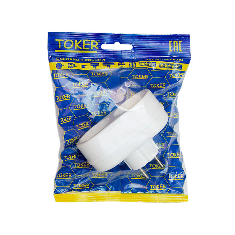 Разветвитель Toker 2Т 2р.С/З в индивидуальной упаковке белый (1/50)