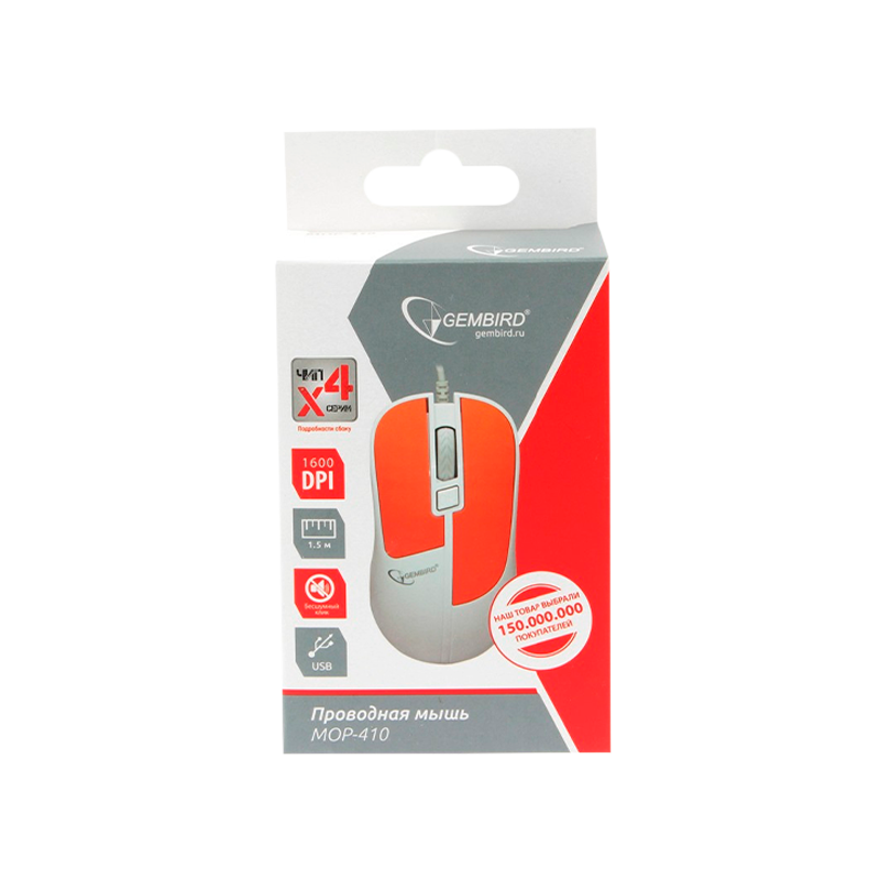 Мышь проводная Gembird MOP-410-O классическая USB белый оранжевый (1/100)