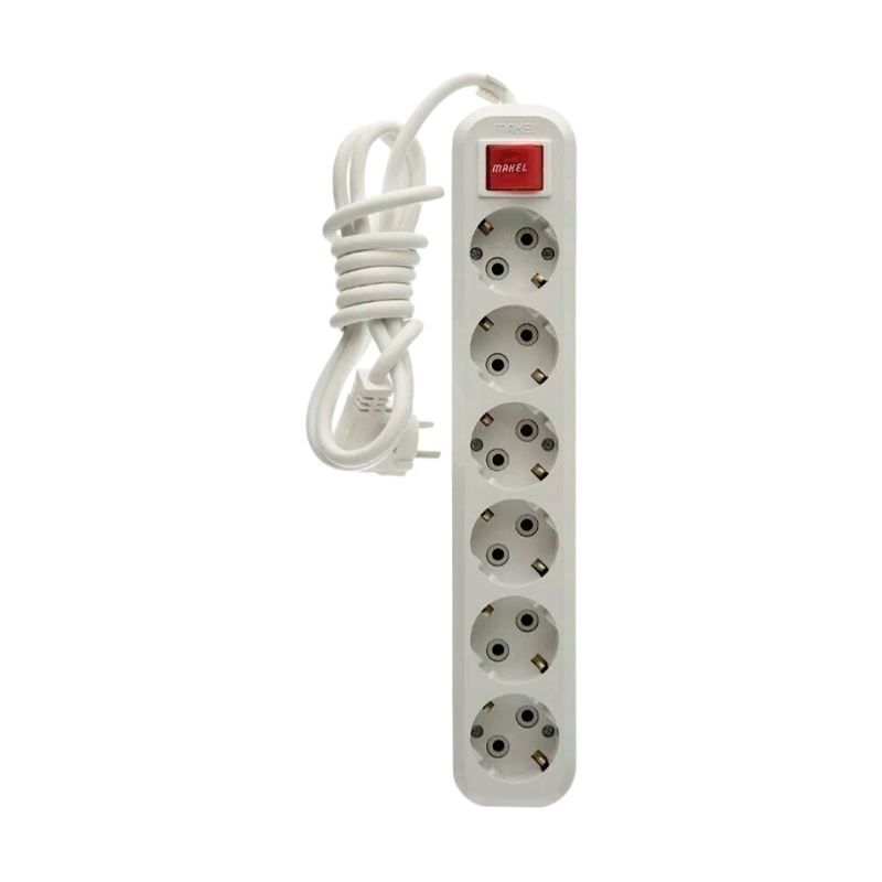 Удлинитель Makel 6р.С/З 16A 2.0м с выкл. 2x1мм² IP20 белый MGP232 (1/12)