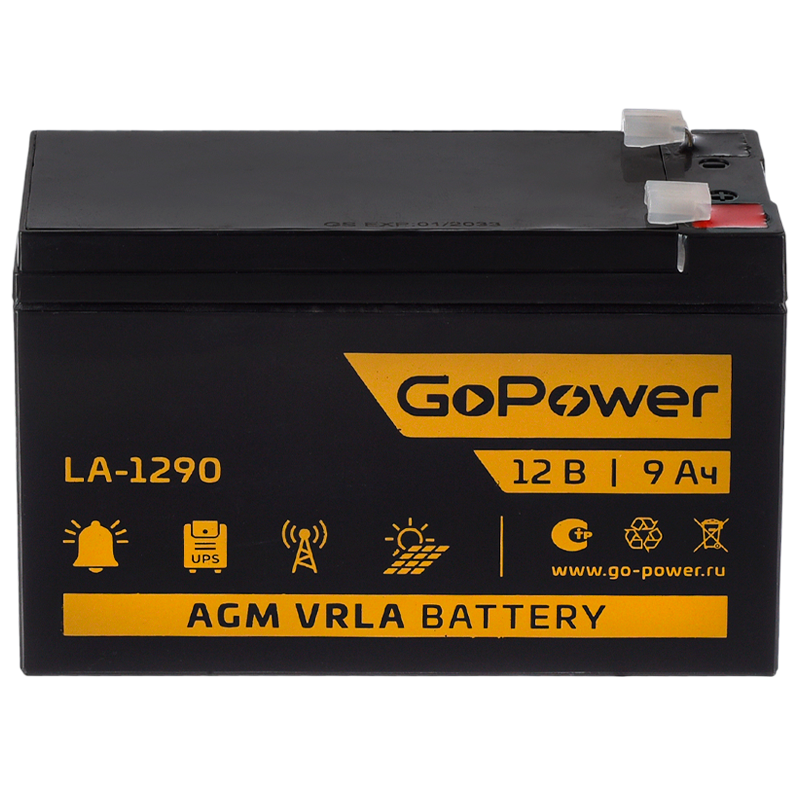 Аккумулятор свинцово-кислотный GoPower LA-1290 12V 9Ah клеммы T2/ F2 (1/5)