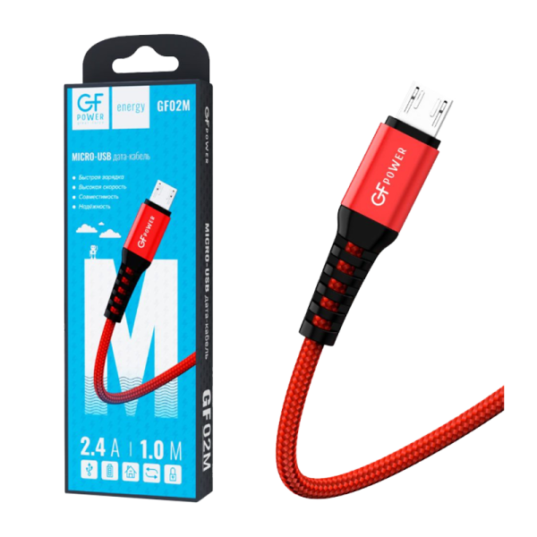 Кабель GFPower 02M USB (m)-microUSB (m) 1.0м 2.4A нейлон красный (1/200/800)