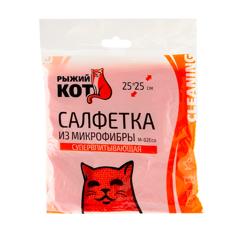 Салфетка Рыжий кот М-02Есо 25х25см микрофибра красный (1/40/200)
