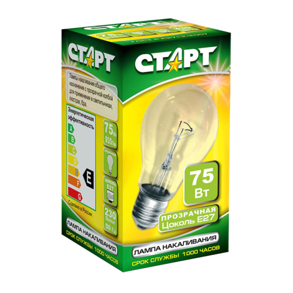 Лампа накаливания Старт E27 75W 220-240V груша Б прозрачная (1/10/50)