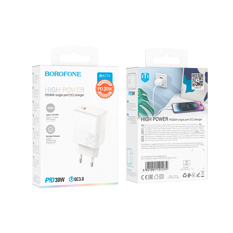 Сетевое З/У Borofone BA77A Type-C 3.0A 30W PD3.0 белый (1/46/184)