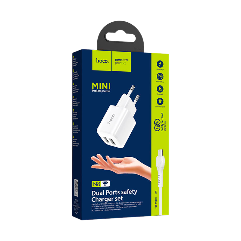 Сетевое З/У HOCO N8 2USB 2.4A с кабелем microUSB белый (1/12/120)