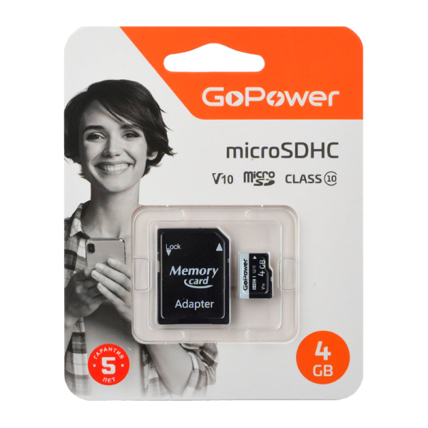 Карта памяти microSD GoPower 4GB Class10 15 МБ/сек V10 с адаптером
