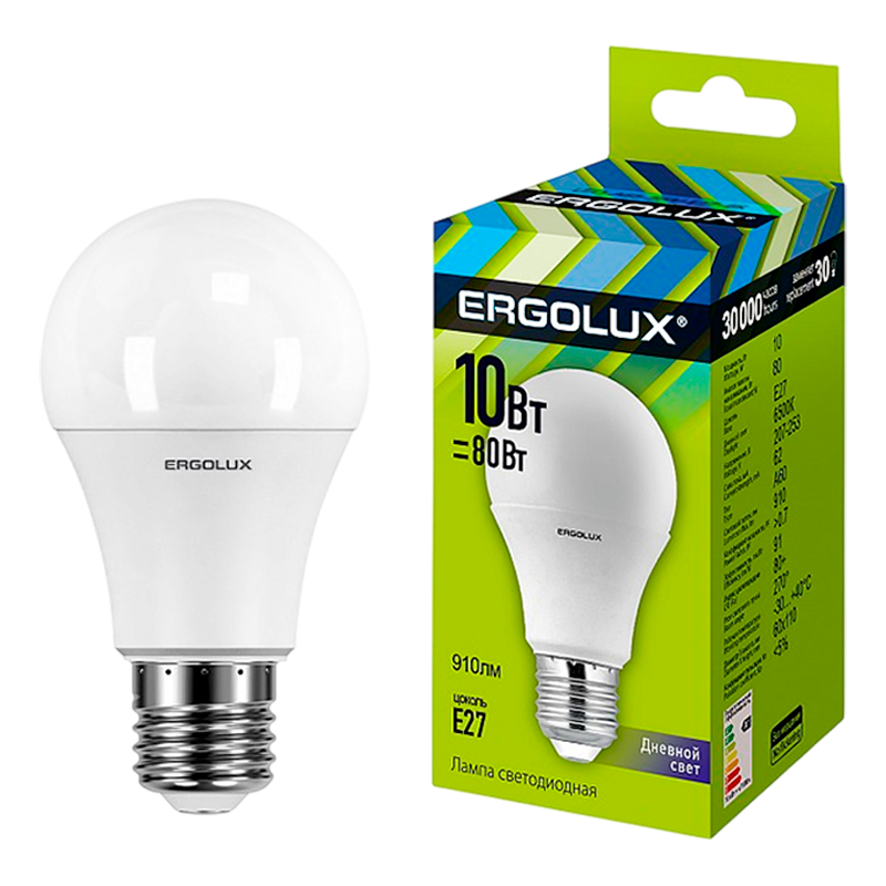 Лампа светодиодная Ergolux A60 E27 10W 6500К 172-265V груша ЛОН