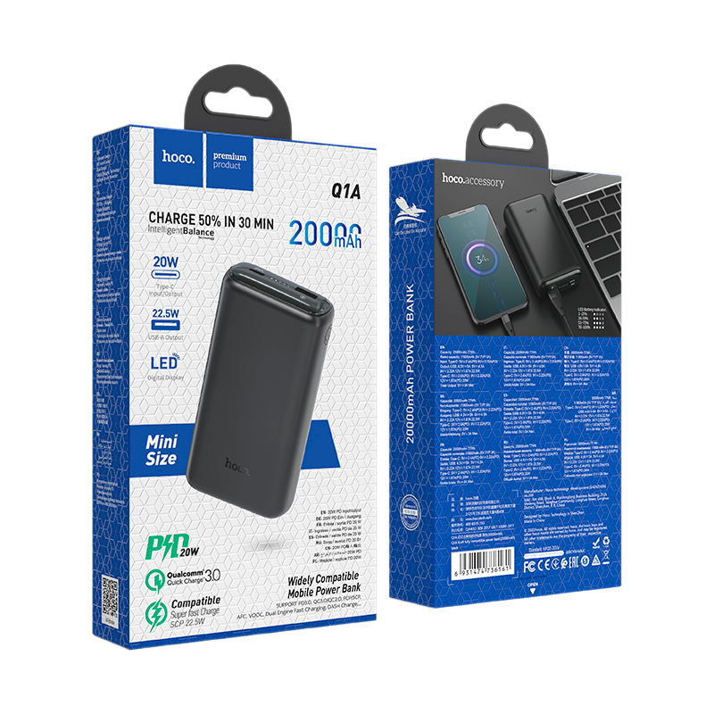 Внешний аккумулятор HOCO Q1A 20000mAh 3.0A 20W 1USB/Type-C PD3.0 черный (1/24)