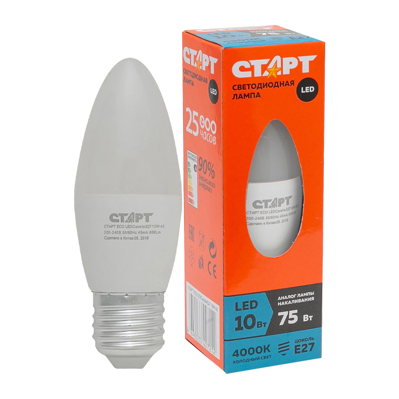 Лампа светодиодная Старт B35 E27 10W 4000К 220V свеча Eco матовая (1/10/100)