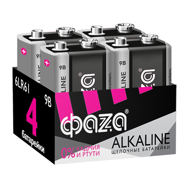 Батарейка Фаzа Крона 6LR61 BOX4 Alkaline 9V (4/24/192)