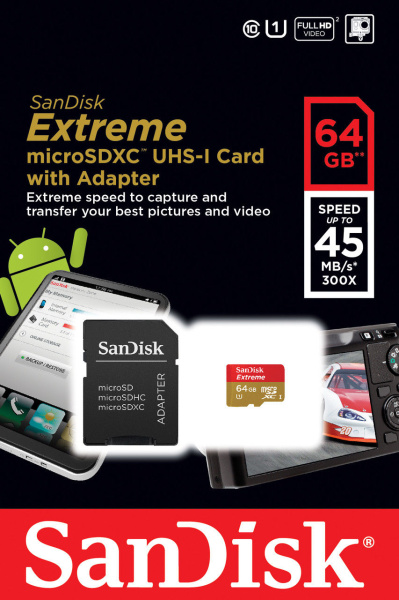Карта памяти microSD SanDisk EXTREME 64GB Class10 UHS-I (U3) 90 МБ/сек V30 с адаптером