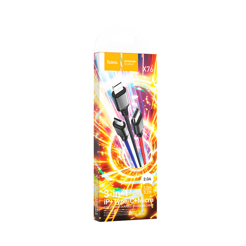 Кабель HOCO X76 USB (m)-2хType-C/Lightning/microUSB (m) 1.0м 2.0A нейлон ассорти (1/31/310)