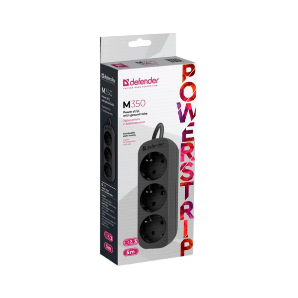 Удлинитель Defender M350 3р.С/З 10A 5.0м черный (1/35)
