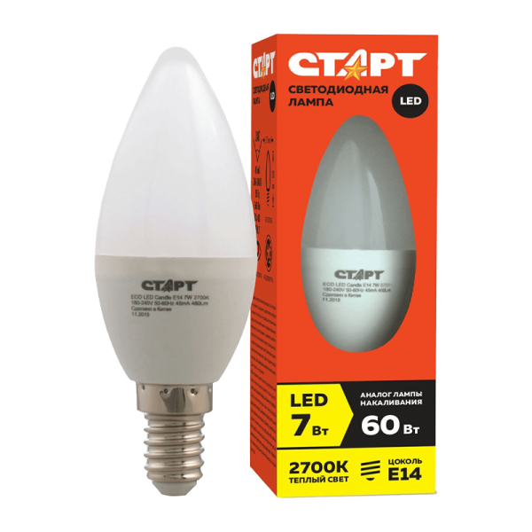 Лампа светодиодная Старт B35 E14 7W 2700К 220V свеча Eco матовая (1/10/100)