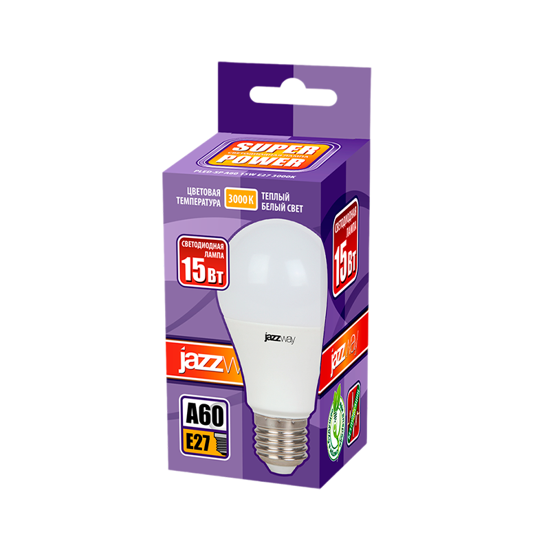 Лампа светодиодная JAZZway A60 E27 15W 3000К 230V груша матовая (1/10/100)