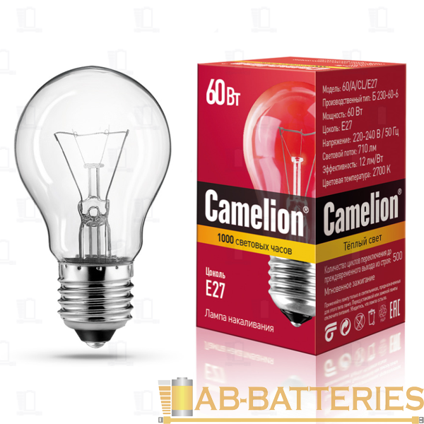 Лампа накаливания Camelion E27 60W 220-240V груша прозрачная (1/100)
