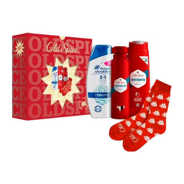 Набор Old Spice Whitewater мужской (део-спрей 150мл+гель-душ 250мл+ХЭД 200мл+носки)