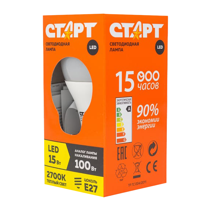 *Лампа светодиодная Старт GLS E27 15W 3000К 220V груша Eco матовая (1/10/100) 