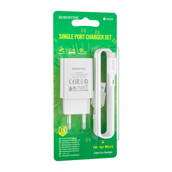 Сетевое З/У Borofone BA68A 1USB microUSB (m) 2.1A белый (1/60/240)