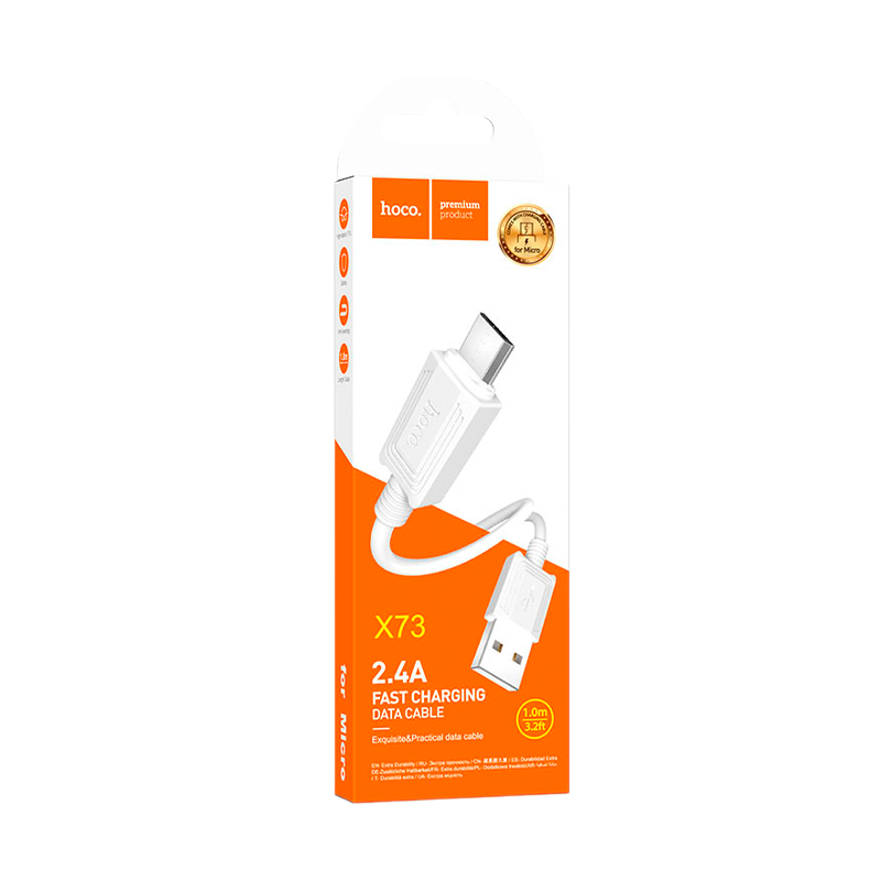Кабель HOCO X73 USB (m)-microUSB (m) 1.0м 2.4A ПВХ белый (1/31/310)