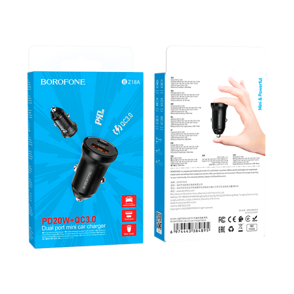 Автомобильное З/У Borofone BZ18A 1USB/Type-C 20W QC3.0 черный (1/48/192)
