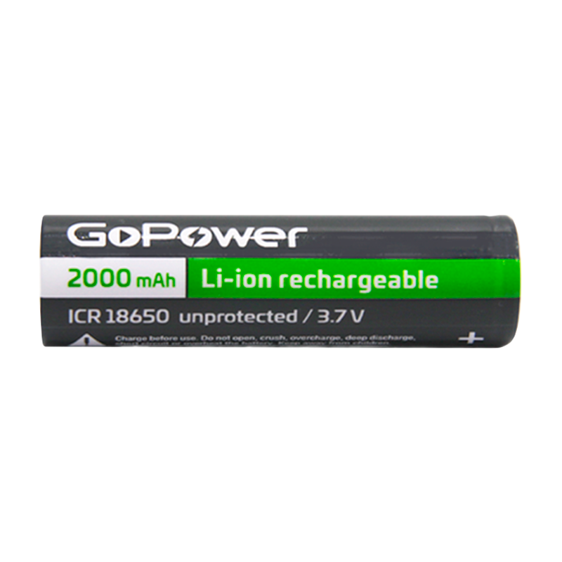 Аккумулятор Li-ion GoPower ICR18650 PC1 3.7V 2000mAh без защиты плос.конт. (1/80/160)