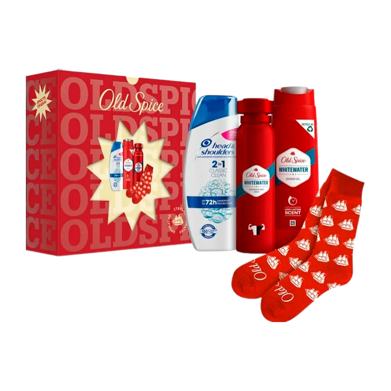 Набор Old Spice Whitewater мужской (део-спрей 150мл+гель-душ 250мл+ХЭД 200мл+носки)