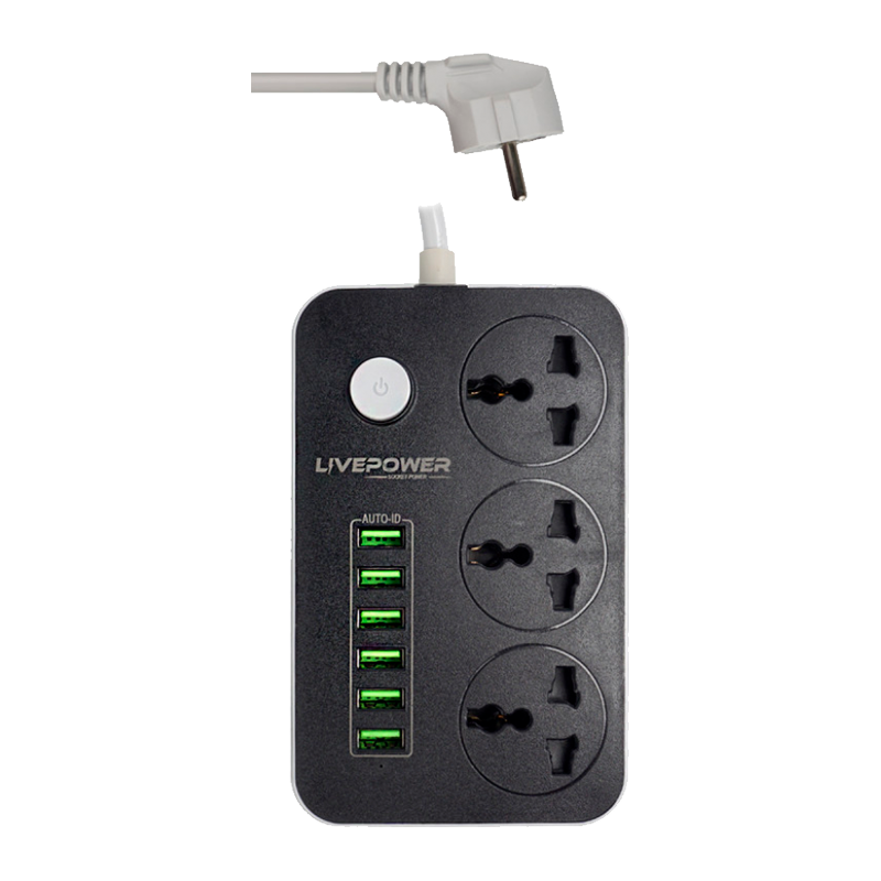 Сетевой фильтр Live Power LP3604 3р.С/З 10A 6USB с выкл. 2.0м универсальный черный (1/50)