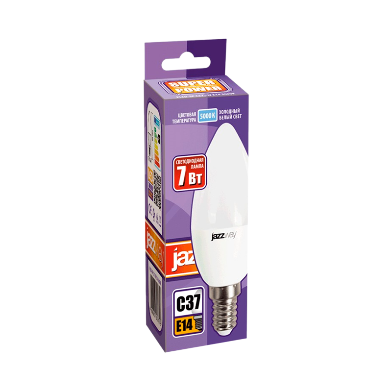 Лампа светодиодная JAZZway C37 E14 7W 5000К 230V свеча матовая (1/10/100)