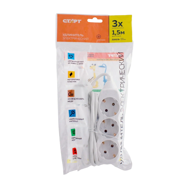 Удлинитель Старт S 3р.С/З 10A 1.5м 2x0.75мм² IP20 белый (1/20)