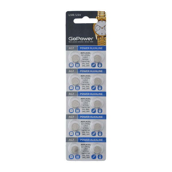 Батарейка GoPower G7/LR926/LR57/395A/195 BL10 Alkaline 1.55V (10/1000/3600)
