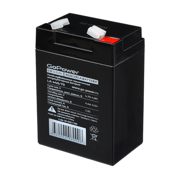 Аккумулятор свинцово-кислотный GoPower LA-445/70 4V 4.5Ah клеммы T1/ F1 (1/20)