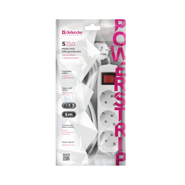Удлинитель Defender S350 3р.С/З 10A 5.0м с выкл. ПВС 3x1мм² белый (1/30)