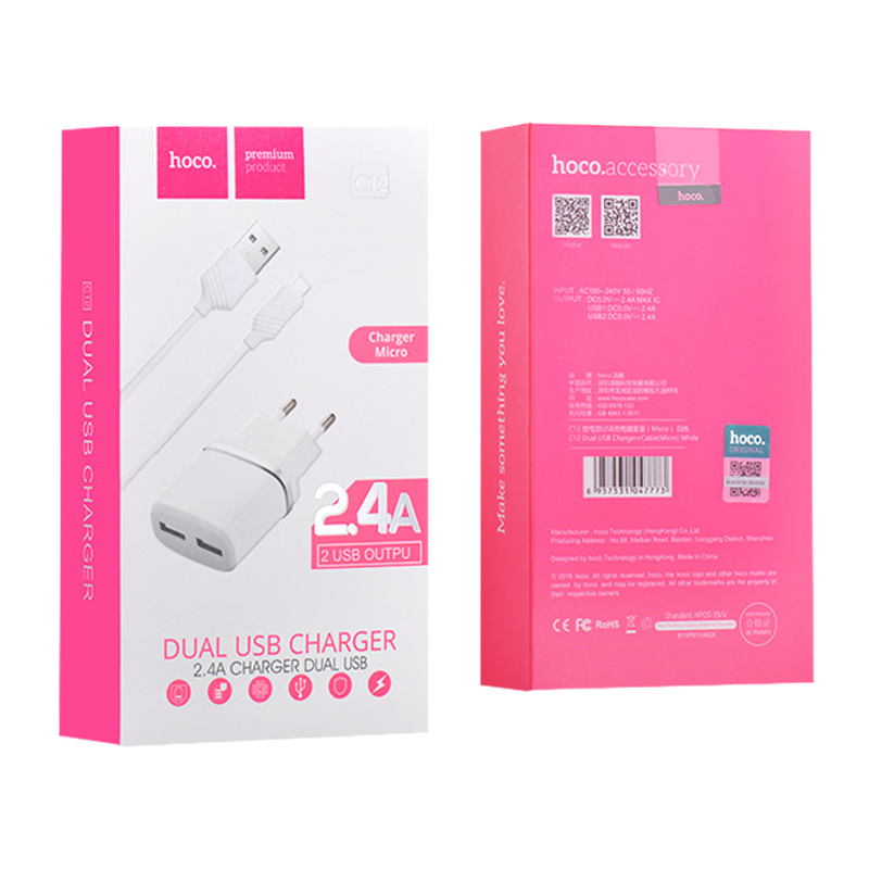 Сетевое З/У HOCO C12 2USB 2.4A с кабелем microUSB белый (1/10/100)