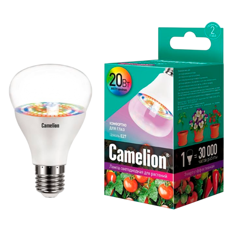 Лампа светодиодная Camelion 20W 220-240V груша ФИТО для аквариумов и растений прозрачная (1/20)