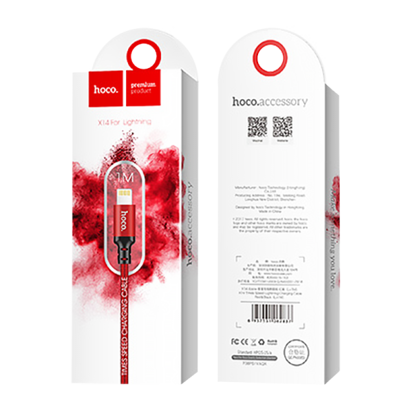 Кабель HOCO X14 USB (m)-Lightning (m) 1.0м 2.0A нейлон красный черный (1/33/330)