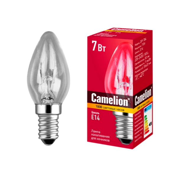 Лампа накаливания Camelion E14 7W 220-240V свеча для ночников прозрачная (1/50/500)