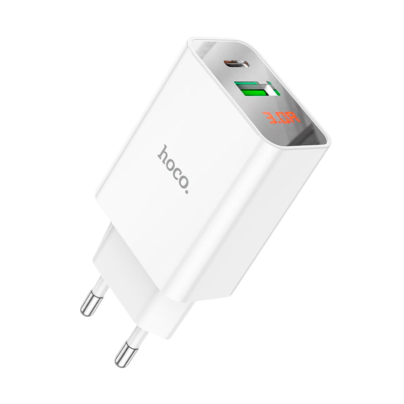 Сетевое З/У HOCO C100A 1USB/Type-C 3.0A 20W QC3.0 дисплей белый (1/13/130)