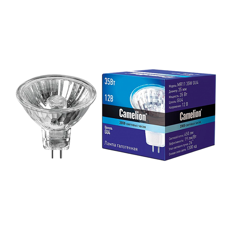 Лампа галогенная Camelion MR11 GU4 35W 2800К 12V софит 35мм прозрачная (1/10/200)