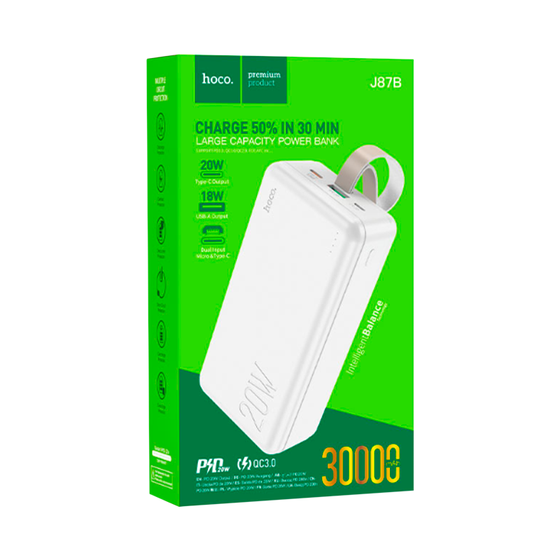 Внешний аккумулятор HOCO J87B 30000mAh 3.0A 20W 1USB/Type-C PD3.0 белый (1/20)