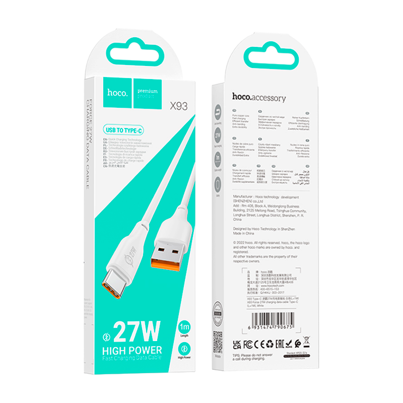 Кабель HOCO X93 USB (m)-Type-C (m) 1.0м 27W TPE белый (1/37/370)